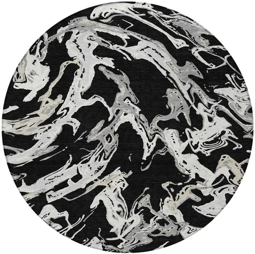8' Black And Gray Round Abstract Washable Indoor Outdoor Area Rug Photo 5
