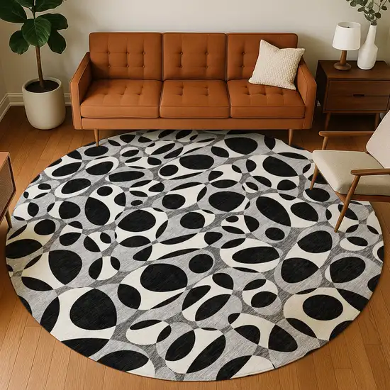 8' Black And Gray Round Abstract Washable Indoor Outdoor Area Rug Photo 5