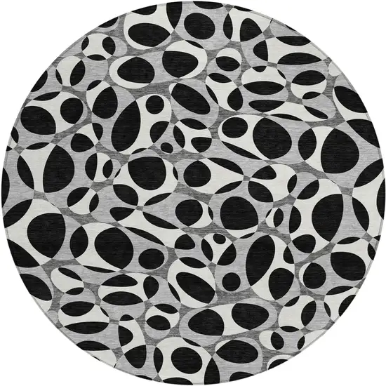 8' Black And Gray Round Abstract Washable Indoor Outdoor Area Rug Photo 6
