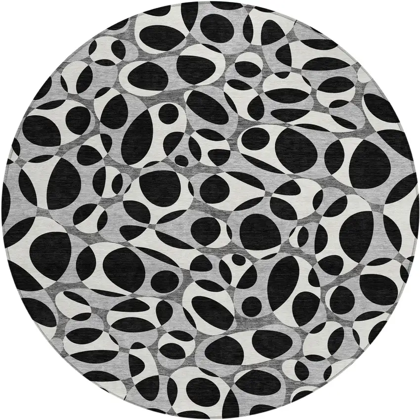 8' Black And Gray Round Abstract Washable Indoor Outdoor Area Rug Photo 6