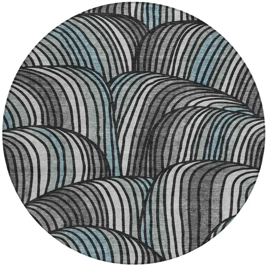 8' Black And Gray Round Abstract Washable Indoor Outdoor Area Rug Photo 3