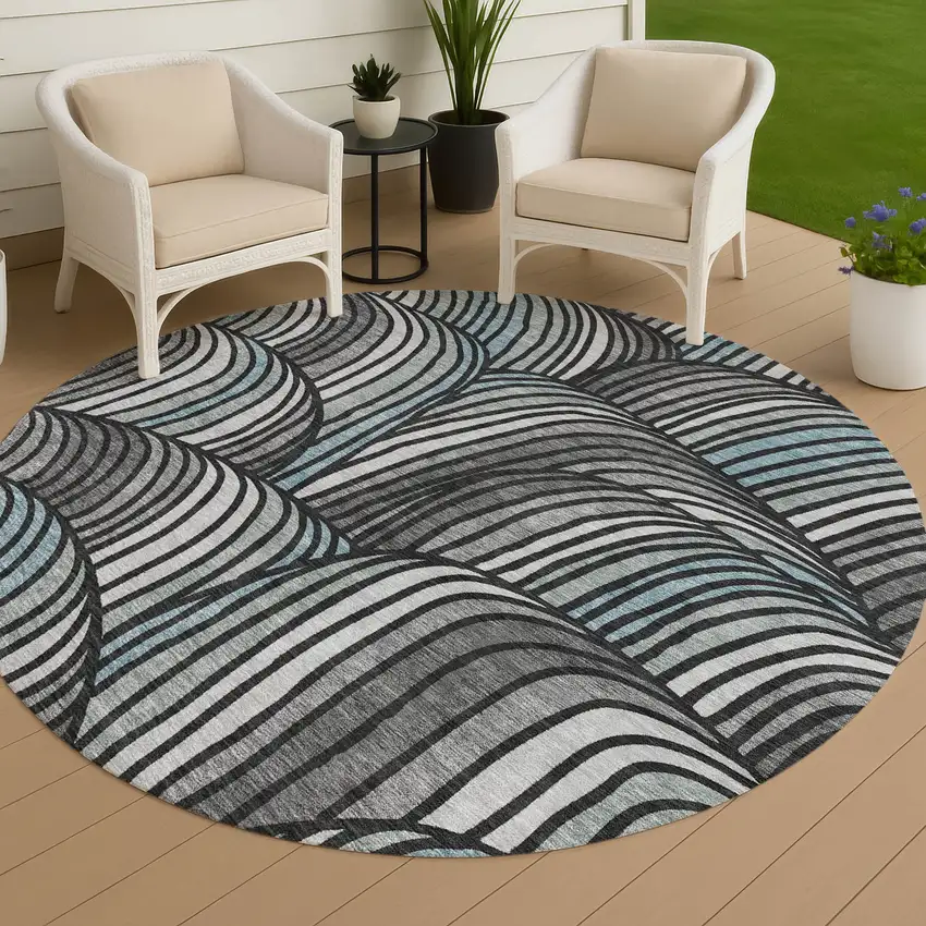 8' Black And Gray Round Abstract Washable Indoor Outdoor Area Rug Photo 4