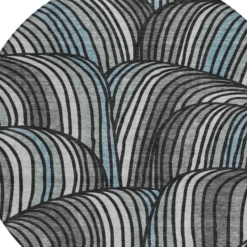 8' Black And Gray Round Abstract Washable Indoor Outdoor Area Rug Photo 2