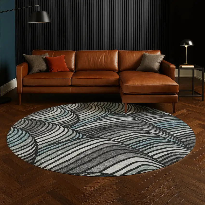 8' Black And Gray Round Abstract Washable Indoor Outdoor Area Rug Photo 5