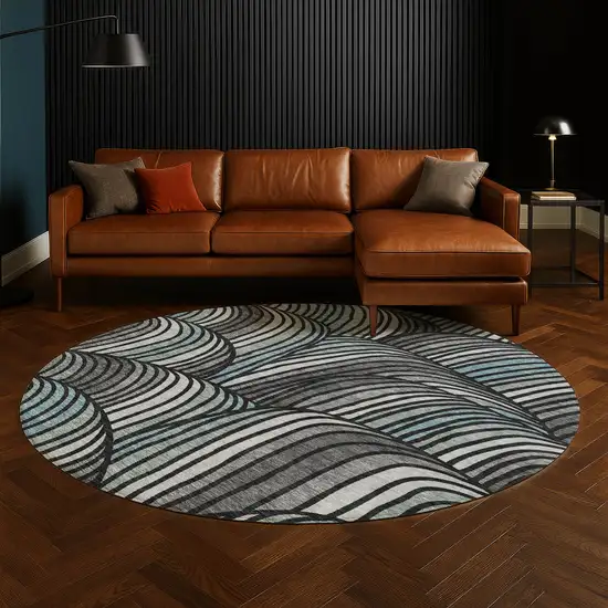 8' Black And Gray Round Abstract Washable Indoor Outdoor Area Rug Photo 5