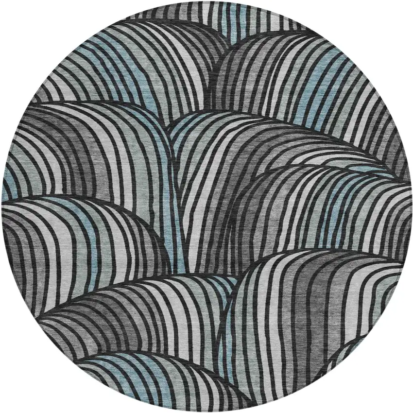 8' Black And Gray Round Abstract Washable Indoor Outdoor Area Rug Photo 1