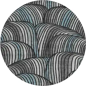 Photo of 8' Black And Gray Round Abstract Washable Indoor Outdoor Area Rug