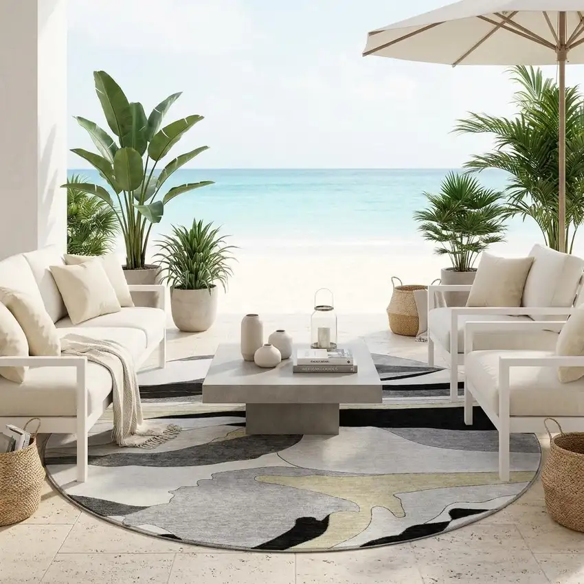 8' Black And Gray Round Abstract Washable Indoor Outdoor Area Rug Photo 1
