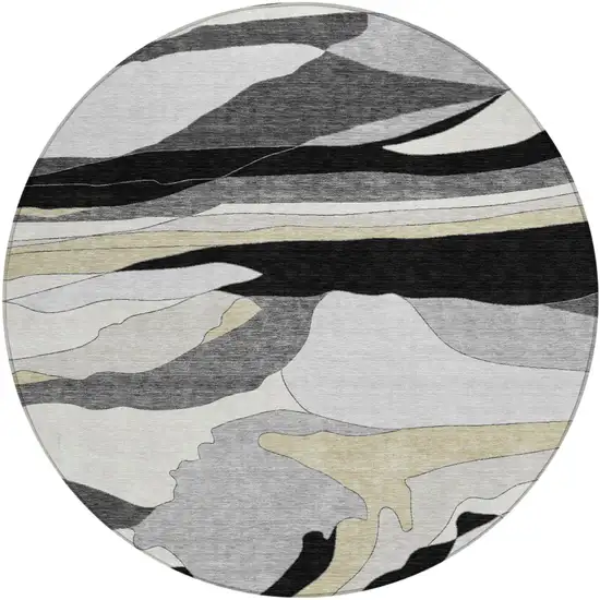 8' Black And Gray Round Abstract Washable Indoor Outdoor Area Rug Photo 2