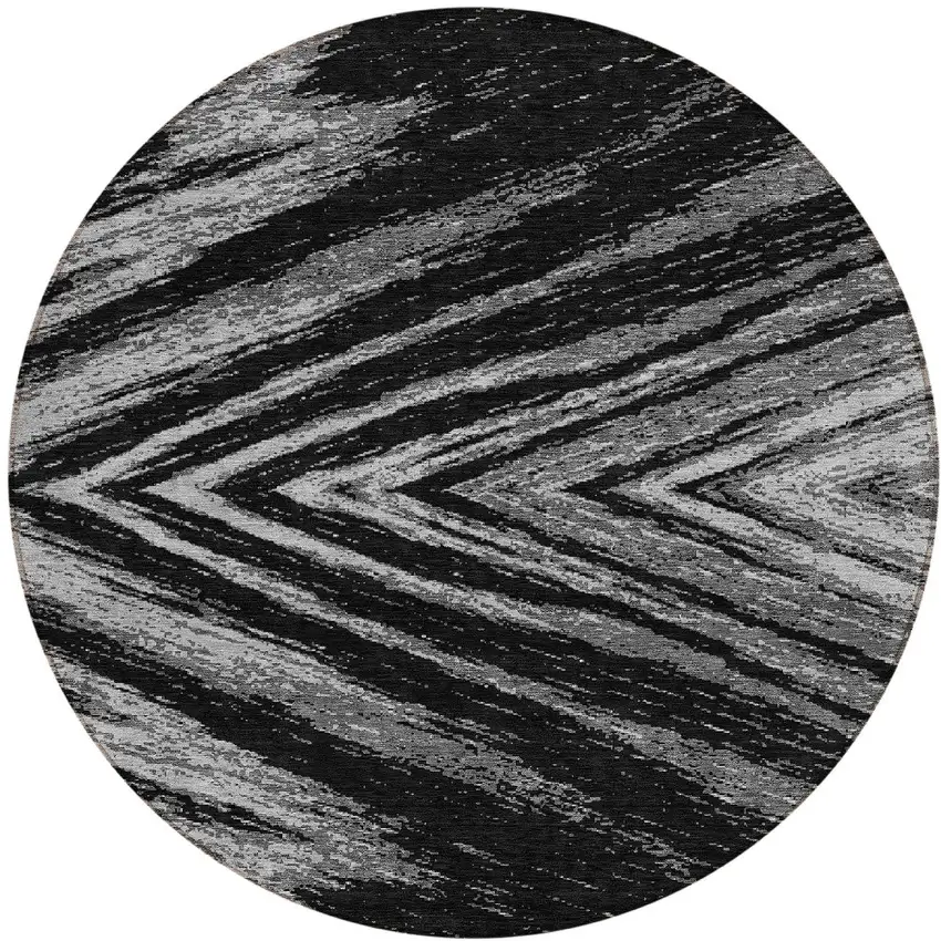 8' Black And Gray Round Abstract Washable Indoor Outdoor Area Rug Photo 5