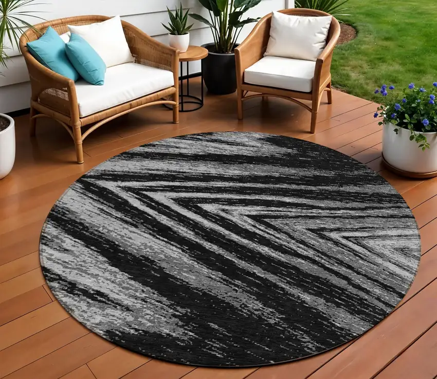 8' Black And Gray Round Abstract Washable Indoor Outdoor Area Rug Photo 1