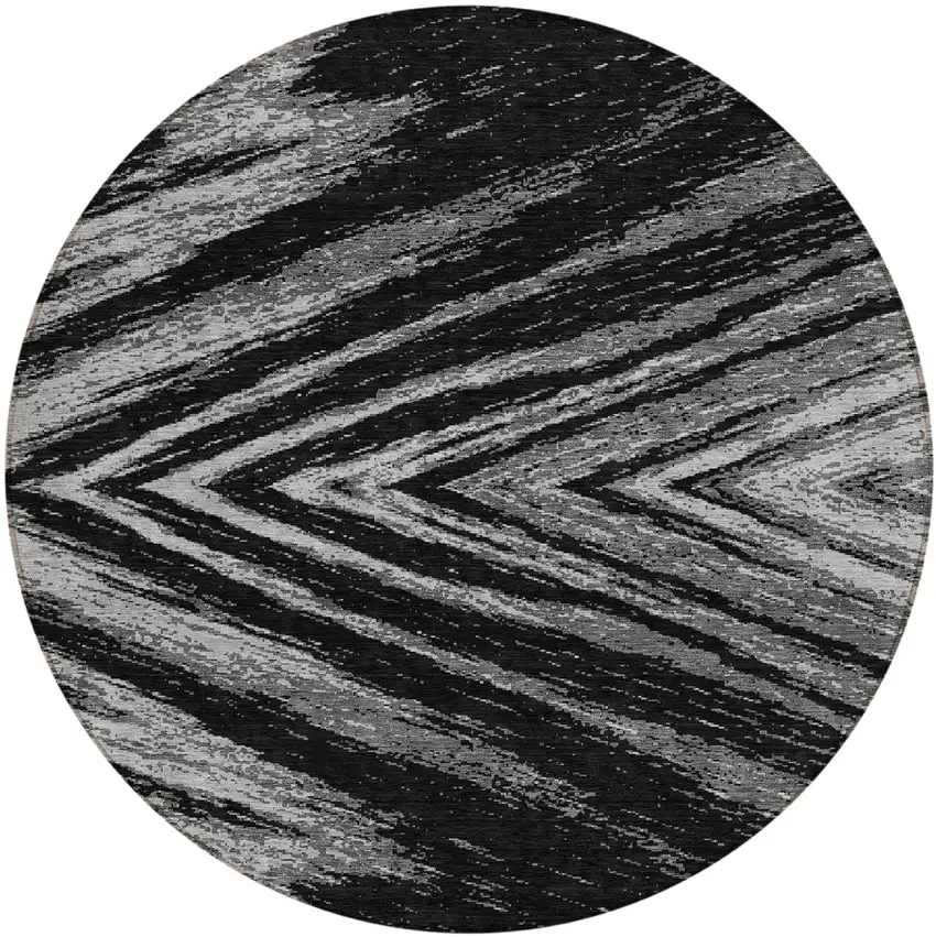 8' Black And Gray Round Abstract Washable Indoor Outdoor Area Rug Photo 2