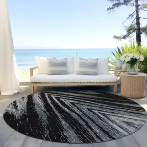 Photo of 8' Black And Gray Round Abstract Washable Indoor Outdoor Area Rug