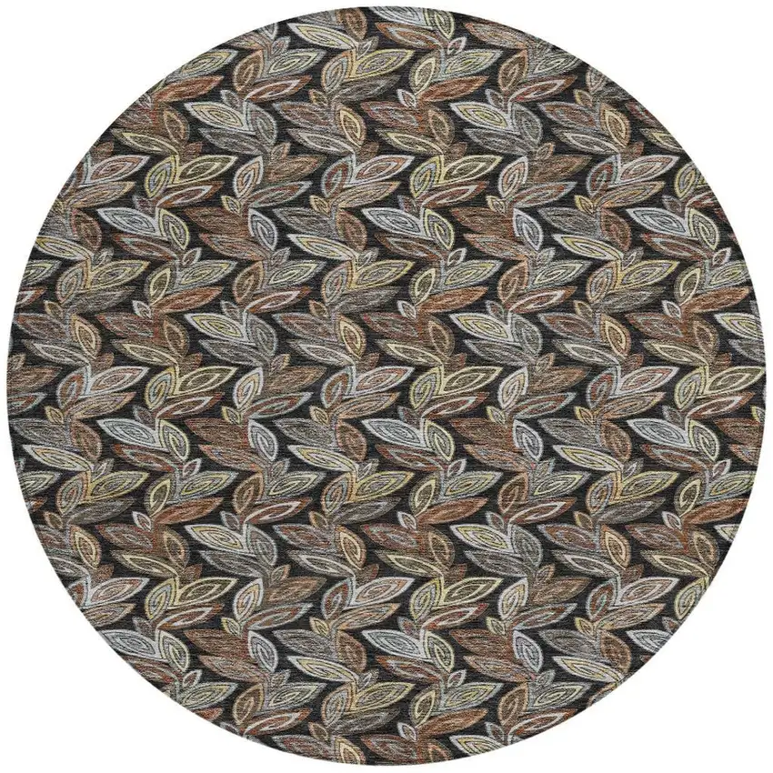 8' Black And Gray Round Botanical Leaves Washable Indoor Outdoor Area Rug Photo 6