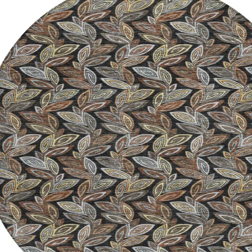 8' Black And Gray Round Botanical Leaves Washable Indoor Outdoor Area Rug Photo 3