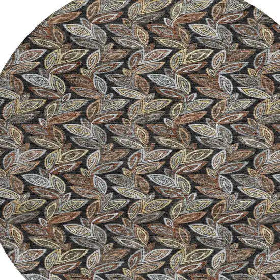 8' Black And Gray Round Botanical Leaves Washable Indoor Outdoor Area Rug Photo 3