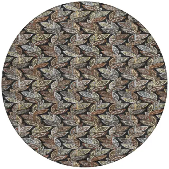 8' Black And Gray Round Botanical Leaves Washable Indoor Outdoor Area Rug Photo 4
