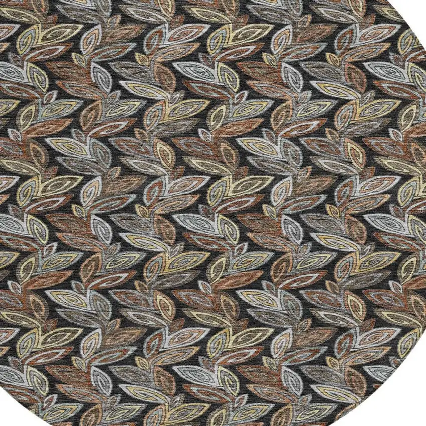 8' Black And Gray Round Botanical Leaves Washable Indoor Outdoor Area Rug Photo 5