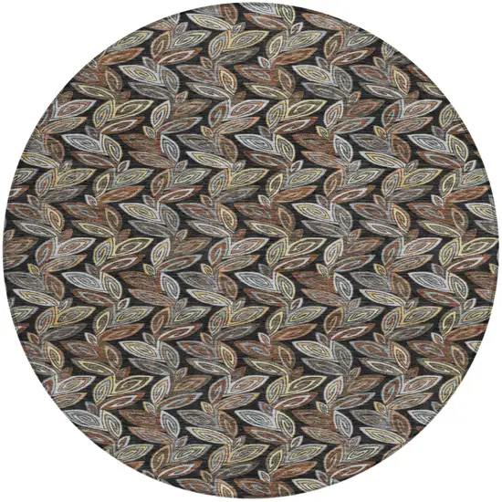 8' Black And Gray Round Botanical Leaves Washable Indoor Outdoor Area Rug Photo 2