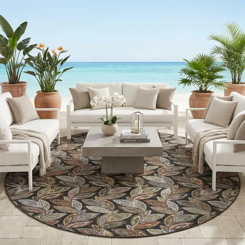 8' Black And Gray Round Botanical Leaves Washable Indoor Outdoor Area Rug Photo 1