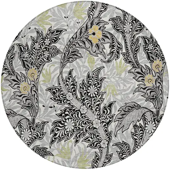 8' Black And Gray Round Botanical Leaves Washable Indoor Outdoor Area Rug Photo 2