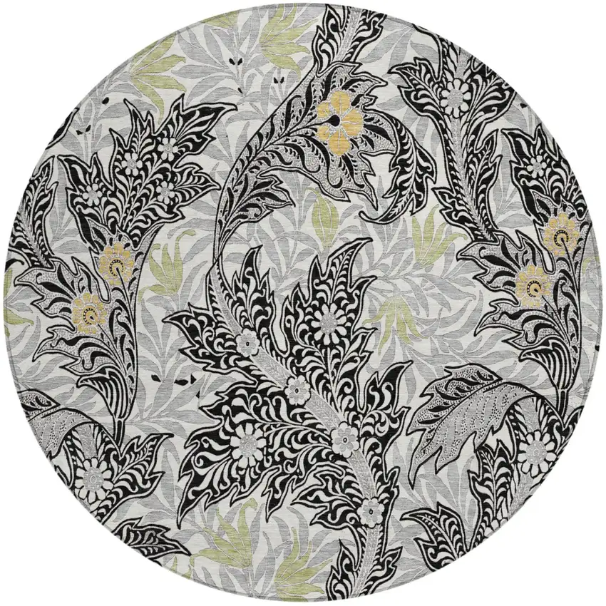 8' Black And Gray Round Botanical Leaves Washable Indoor Outdoor Area Rug Photo 2