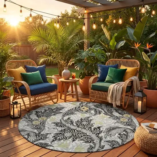 8' Black And Gray Round Botanical Leaves Washable Indoor Outdoor Area Rug Photo 1