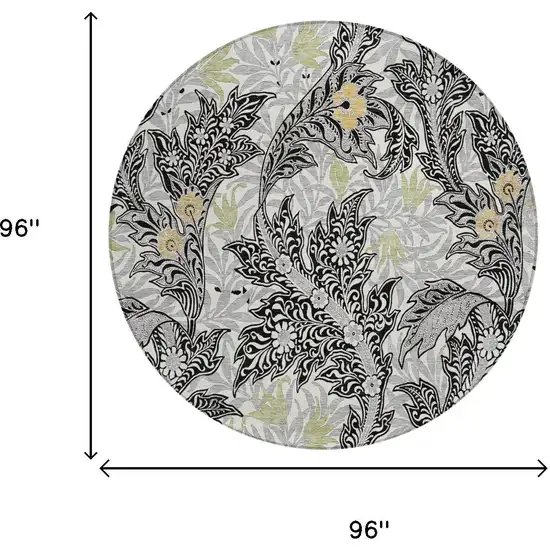 8' Black And Gray Round Botanical Leaves Washable Indoor Outdoor Area Rug Photo 5