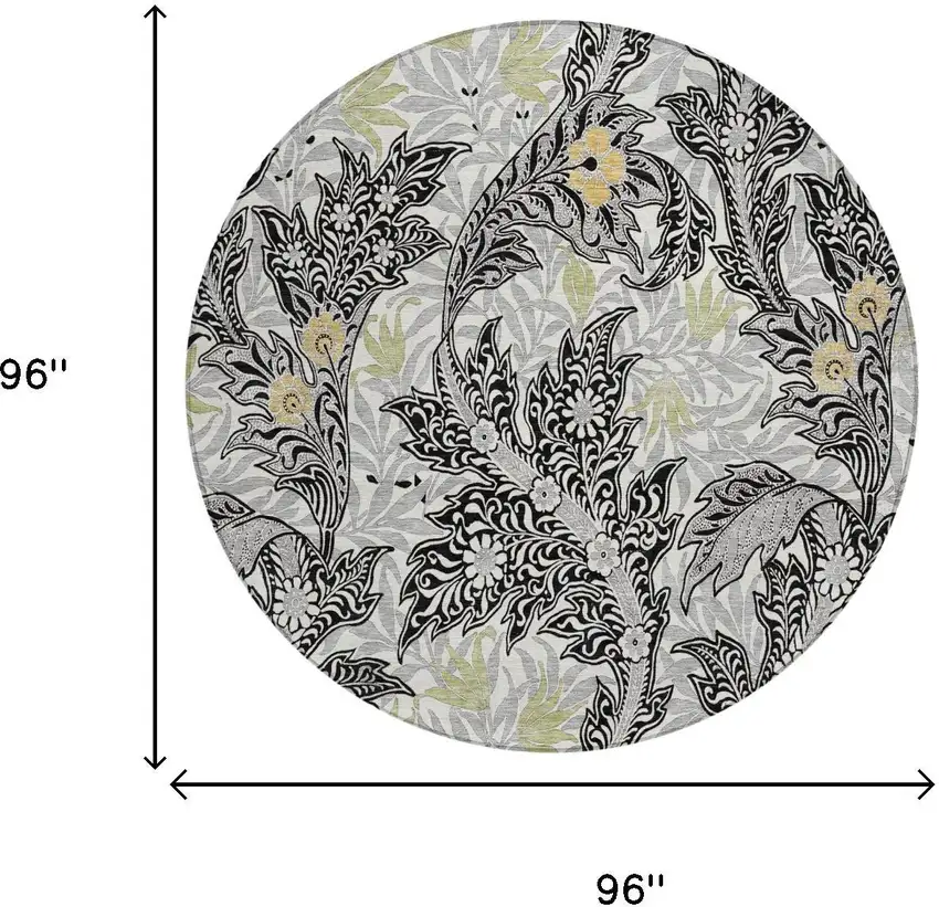 8' Black And Gray Round Botanical Leaves Washable Indoor Outdoor Area Rug Photo 5