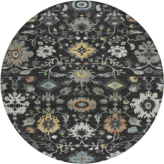 8' Black And Gray Round Floral Medallion Washable Indoor Outdoor Area Rug Photo 1