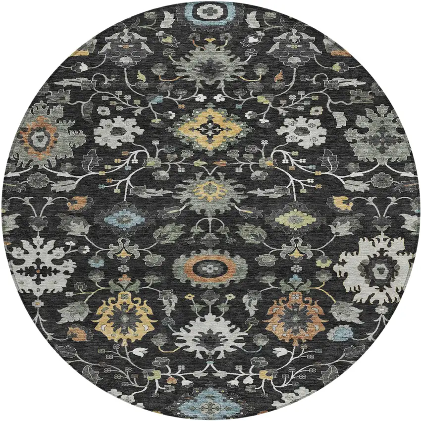 8' Black And Gray Round Floral Medallion Washable Indoor Outdoor Area Rug Photo 1
