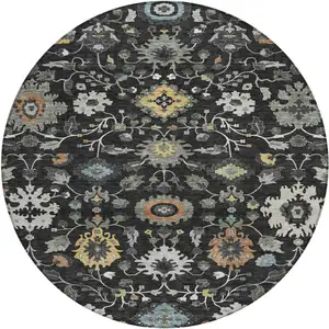 Photo of 8' Black And Gray Round Floral Medallion Washable Indoor Outdoor Area Rug