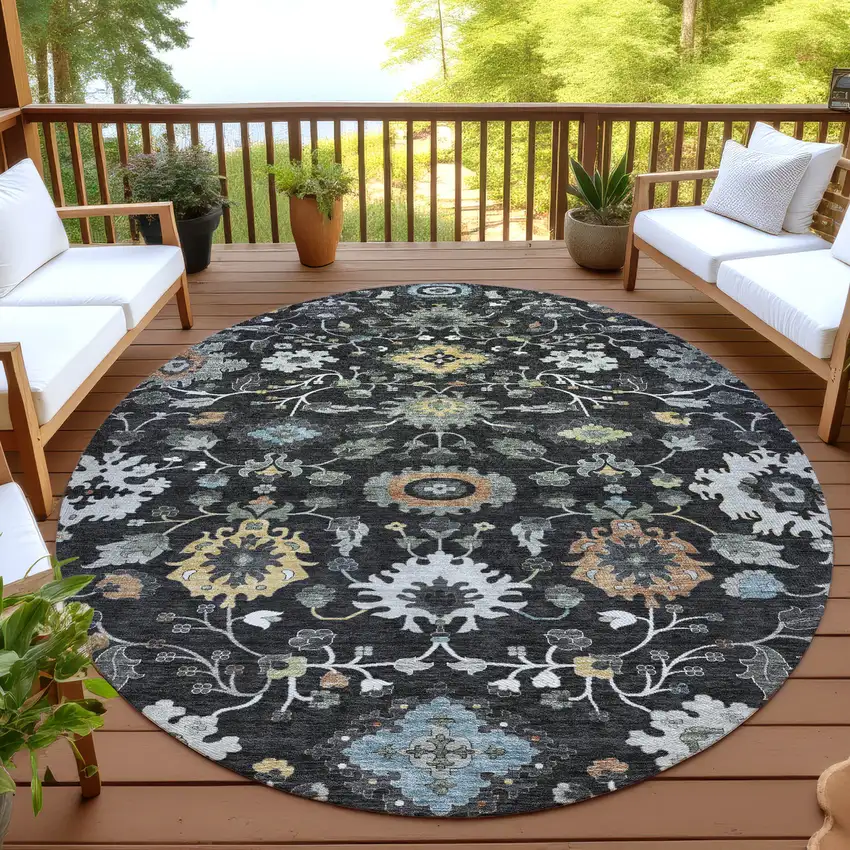 8' Black And Gray Round Floral Medallion Washable Indoor Outdoor Area Rug Photo 4