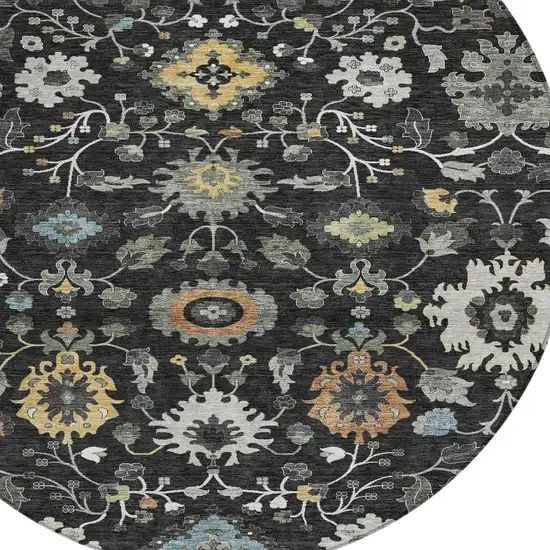 8' Black And Gray Round Floral Medallion Washable Indoor Outdoor Area Rug Photo 2