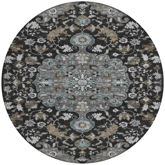 8' Black And Gray Round Floral Medallion Washable Indoor Outdoor Area Rug Photo 4