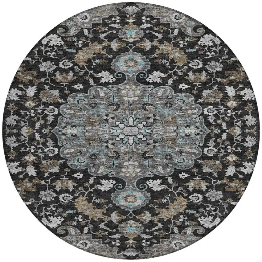 8' Black And Gray Round Floral Medallion Washable Indoor Outdoor Area Rug Photo 4