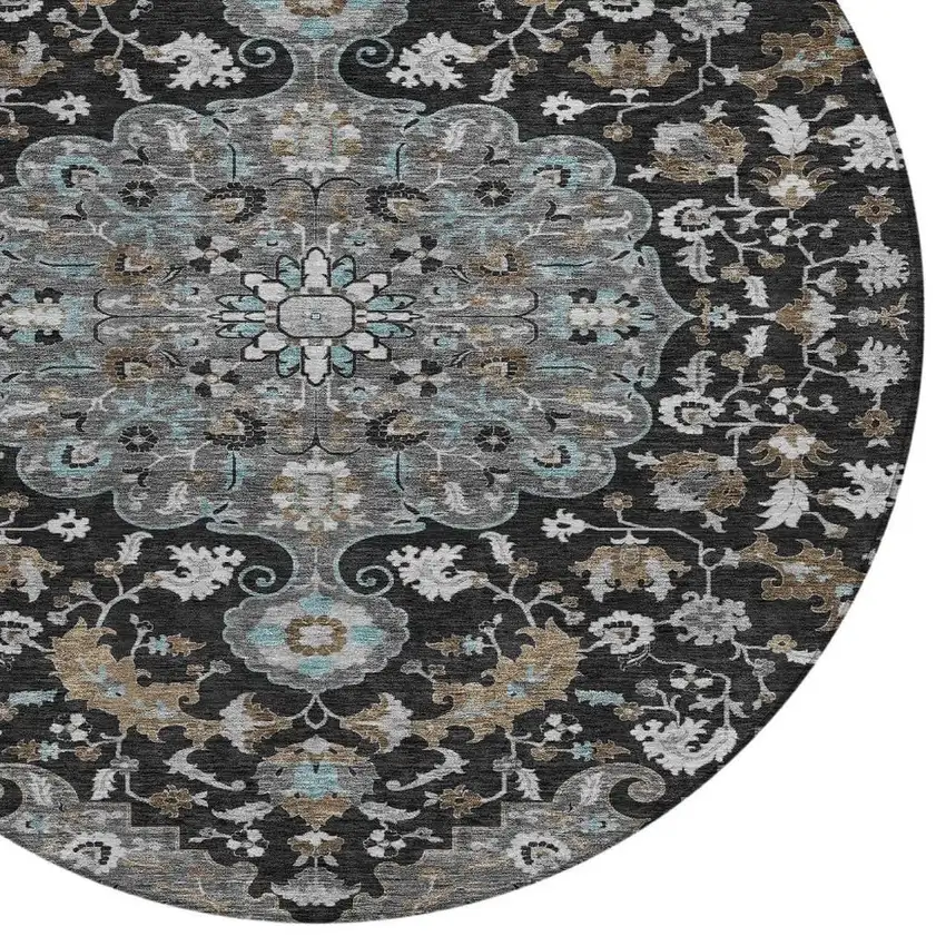 8' Black And Gray Round Floral Medallion Washable Indoor Outdoor Area Rug Photo 3