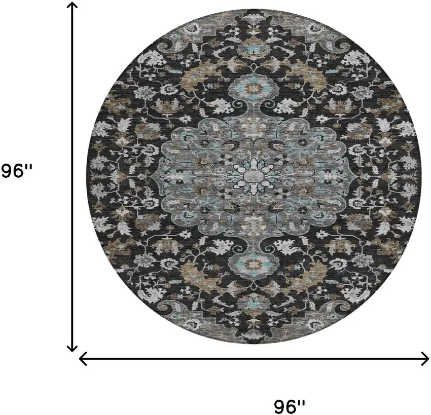 8' Black And Gray Round Floral Medallion Washable Indoor Outdoor Area Rug Photo 7