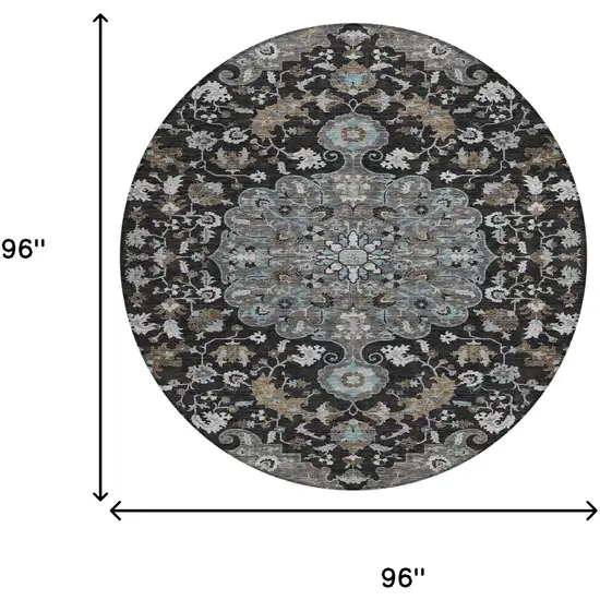 8' Black And Gray Round Floral Medallion Washable Indoor Outdoor Area Rug Photo 7
