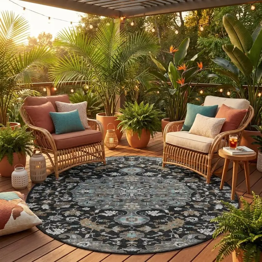 8' Black And Gray Round Floral Medallion Washable Indoor Outdoor Area Rug Photo 1