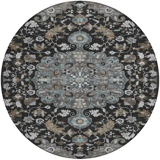 8' Black And Gray Round Floral Medallion Washable Indoor Outdoor Area Rug Photo 2