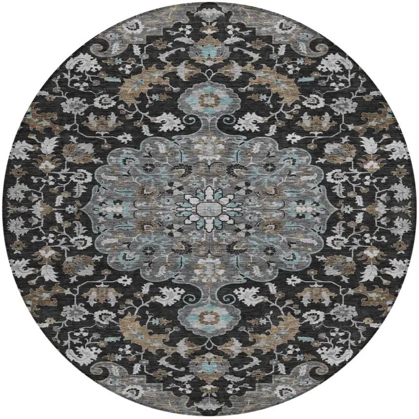 8' Black And Gray Round Floral Medallion Washable Indoor Outdoor Area Rug Photo 2