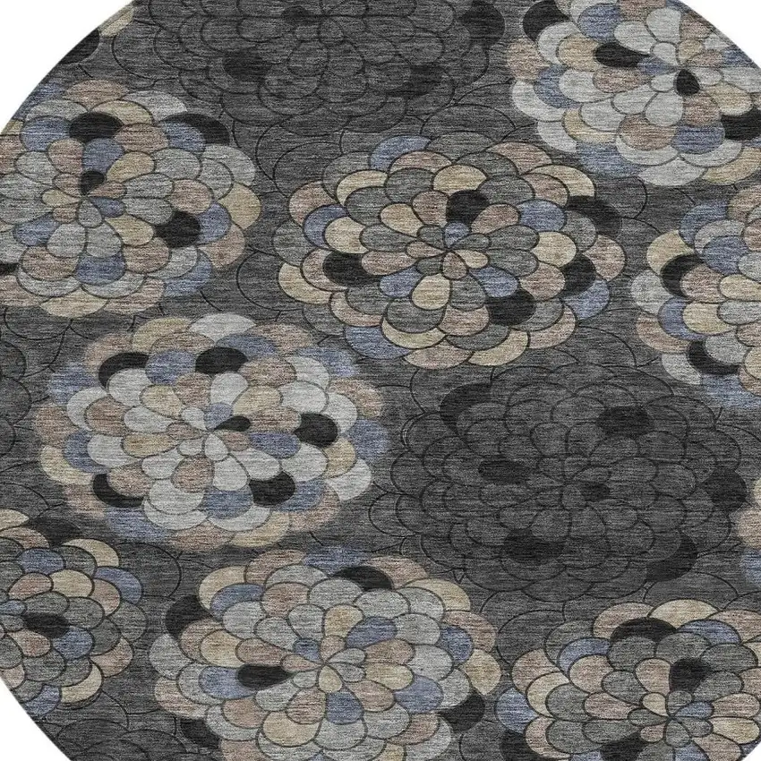 8' Black And Gray Round Floral Washable Indoor Outdoor Area Rug Photo 2