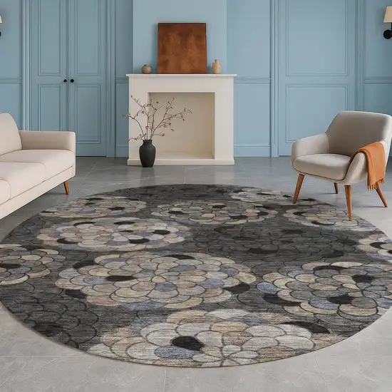 8' Black And Gray Round Floral Washable Indoor Outdoor Area Rug Photo 5