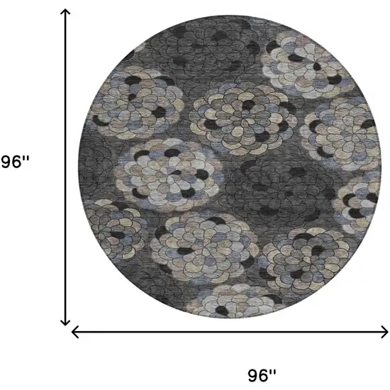8' Black And Gray Round Floral Washable Indoor Outdoor Area Rug Photo 8
