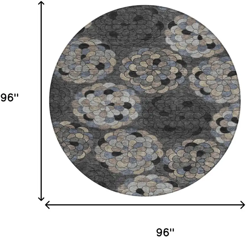 8' Black And Gray Round Floral Washable Indoor Outdoor Area Rug Photo 8