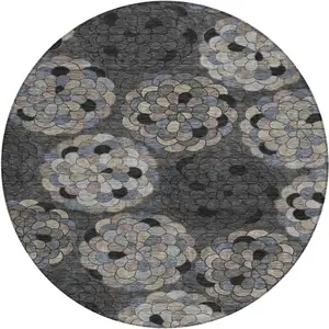 Photo of 8' Black And Gray Round Floral Washable Indoor Outdoor Area Rug