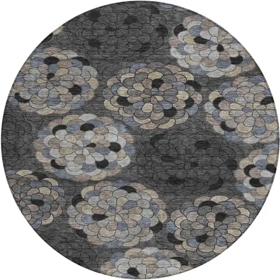 8' Black And Gray Round Floral Washable Indoor Outdoor Area Rug Photo 1
