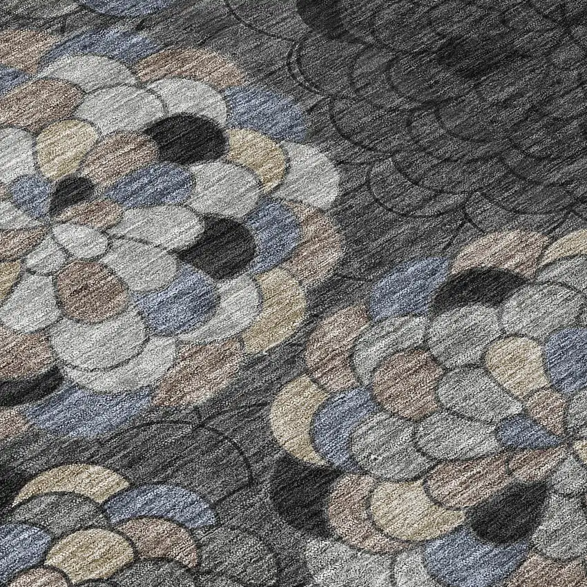 8' Black And Gray Round Floral Washable Indoor Outdoor Area Rug Photo 7