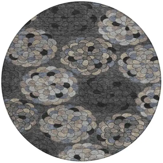 8' Black And Gray Round Floral Washable Indoor Outdoor Area Rug Photo 3